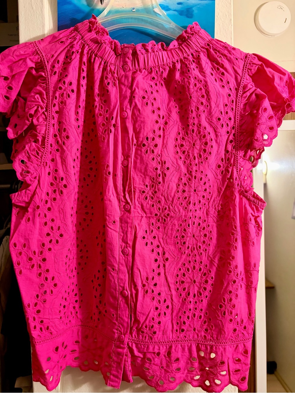 Eyelet Ruffle Sleeve Blouse in Hot Pink